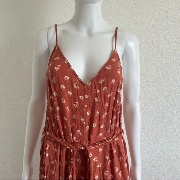 Billabong Size Large Shake It Again Orange Floral Wide Leg Belted Jumpsuit - Picture 3 of 13